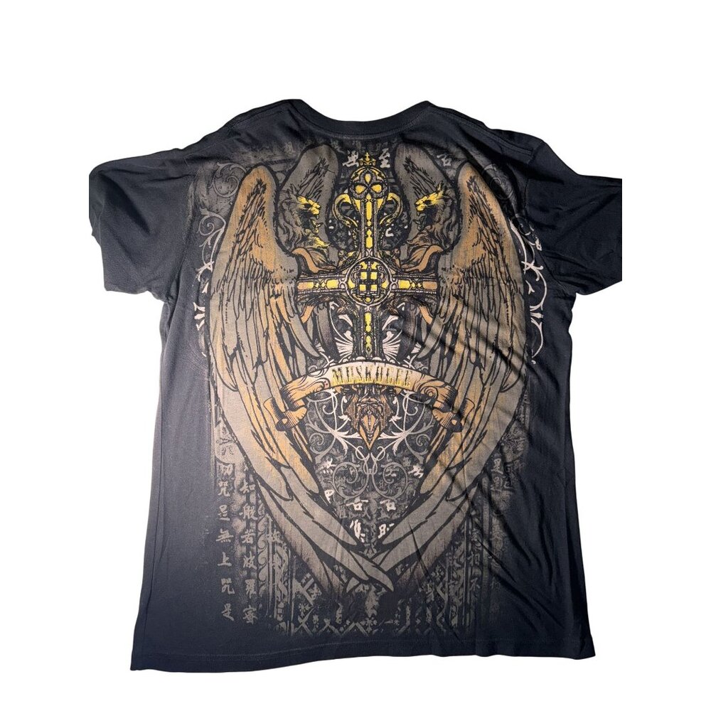Angel Wing Cross all over Graphic Tee Black & Gold wings - Picture 5 of 7